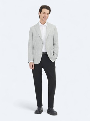 Kip Gri Desenli Modern Fit Keten Karışımlı Ceket