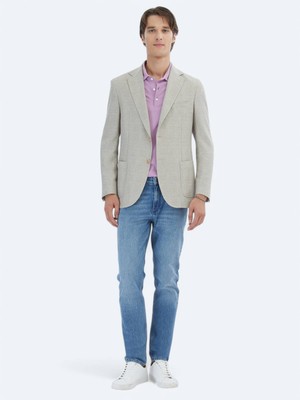 Açık Haki Desenli Modern Fit Keten Karışımlı Ceket