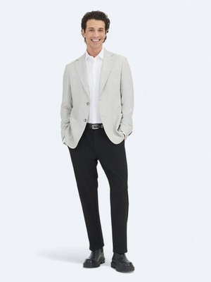 Kip Gri Desenli Modern Fit Keten Karışımlı Ceket