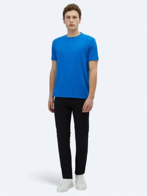 Kip Saks Düz Bisiklet Yaka Pamuk Karışımlı T-Shirt