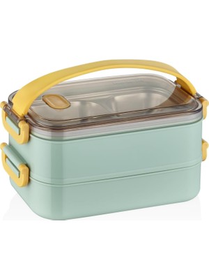 Hsc Bilişim Vagonlife Bento Lunch Box Ofis-Okul Için Yeni Nesil Sefer Tası 2 Kat Taşıma Kulplu Çelik FF367 Yeşi