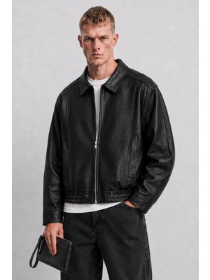 Ohepmoda Oversize Rahat Kalıp Lastikli Erkek Deri Ceket