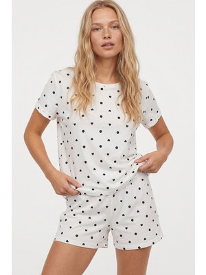 Siyah İnci Beyaz Siyah Kalp Puan Desenli Pamuklu Örme Şortlu Pijama Takımı 8026