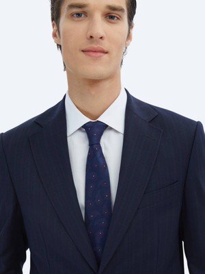 Lacivert Çizgili Modern Fit Yün Karışımlı Takım Elbise