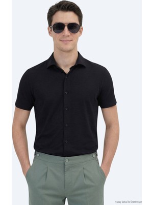 Kip Siyah Düz Regular Fit Kısa Casual Gömlek