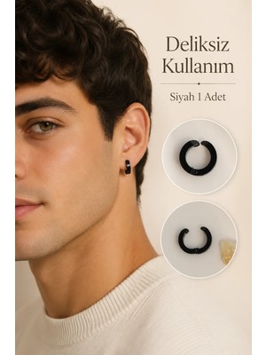 Sacce Scarves & Accessories Deliksiz Siyah Çelik Halka Küpe ve Ear Cuff Sıkıştırmalı Erkek Küpe 1 Adet