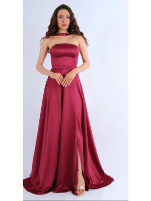 Hazel Kadın Bordo Saten Straplez Yandan Yırtmaçlı Uzun Abiye Elbise