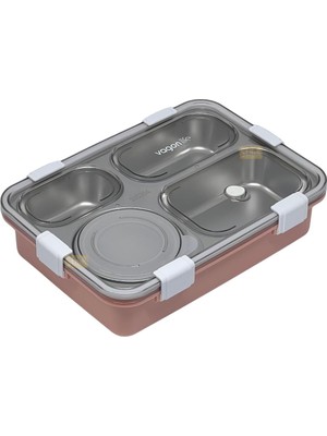 Hsc Bilişim Vagonlife Bento 850ML Lunchbox Tek Katlı 4 Bölmeli Kaseli Çelik Sefer Tası Yemek Kutusu (Pembe)