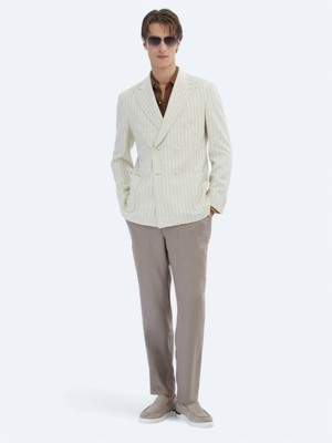 Bej Çizgili Modern Fit Keten Karışımlı Ceket