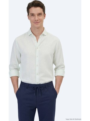 Kip Su Yeşili Düz Regular Fit Uzun Dokuma Casual Pamuk Karışımlı Gömlek