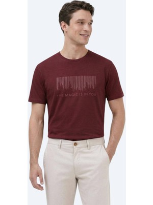 Bordo Baskılı Bisiklet Yaka %100 Pamuk T-Shirt