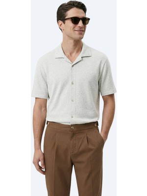 Kip Bej Desenli Regular Fit Kısa Casual Keten Karışımlı Gömlek