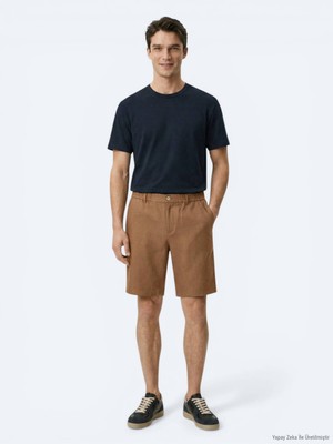 Kahverengi Dokuma Jogging Fit Casual Pamuk Karışımlı Bermuda
