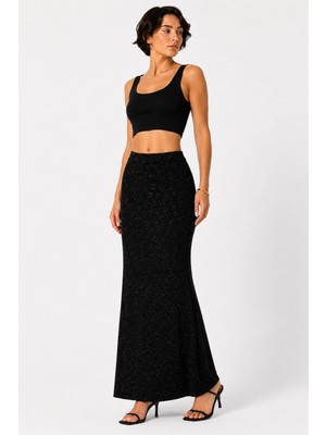 Sanem Tekstil Simli Maxi Boy Etek-Siyah