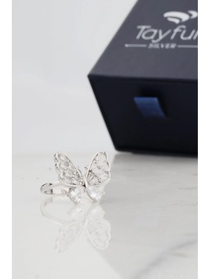 Tayfun Silver Beyaz Zirkon Taş Detaylı Kelebek Model 925 Ayar Gümüş Yüzük