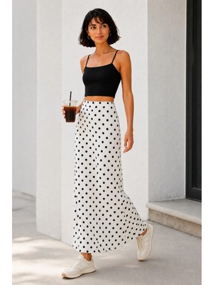 Sanem Tekstil Oysho Kumaş Puantiye Maxi Etek-Beyaz