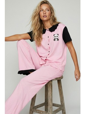 Siyah İnci Pembe Yaka Detaylı Baskılı Düğmeli Pamuklu Örme Pijama Takımı 8010