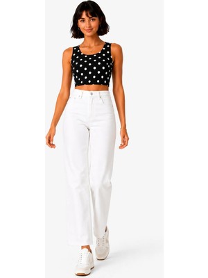 Sanem Tekstil Puantiyeli Askılı Crop-Siyah