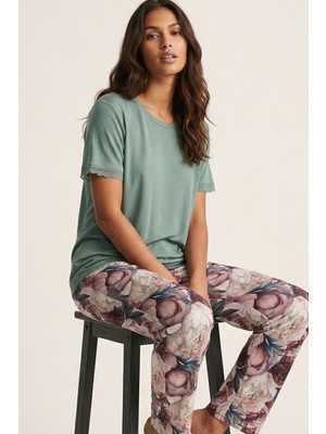 Siyah İnci Yeşil Desenli Viskon Örme Pijama TAKIM26120787
