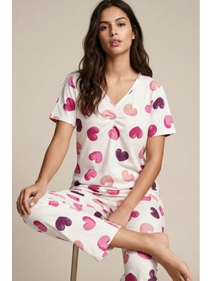 Siyah İnci Ekru Kalp Desenli Viskon Örme Pijama TAKIM26120798