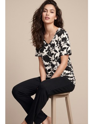 Siyah İnci Siyah Desenli Viskon Örme Pijama TAKIM26119136
