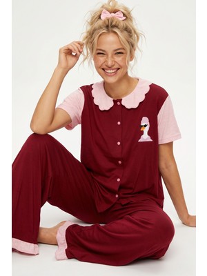 Siyah İnci Bordo Yaka Detaylı Baskılı Düğmeli Pamuklu Örme Pijama Takımı 8010