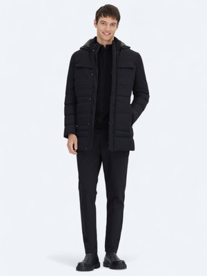 Kip Siyah Regular Fit Kapüşonlu Casual Dokuma Kaban