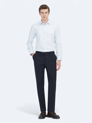 Kip Koyu Mavi Düz Slim Fit Uzun Dokuma Klasik %100 Pamuk Gömlek