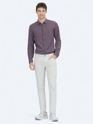 Ekru Düz Dokuma Slim Fit Casual Pamuk Karışımlı Pantolon