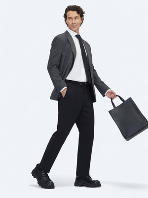 Kip Siyah Kareli Modern Fit Pamuk Karışımlı Örme Ceket