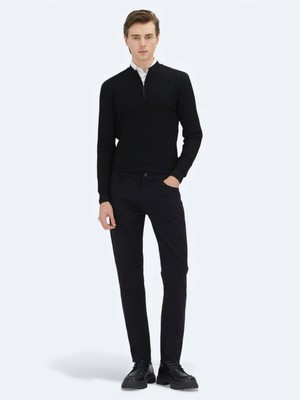 Kip Siyah Düz Dokuma Slim Fit Casual Pamuk Karışımlı Pantolon