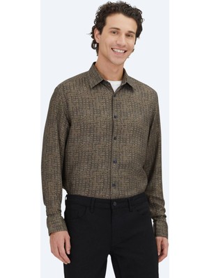 Kip Kahverengi Çizgili Regular Fit Uzun Dokuma Casual %100 Pamuk Gömlek