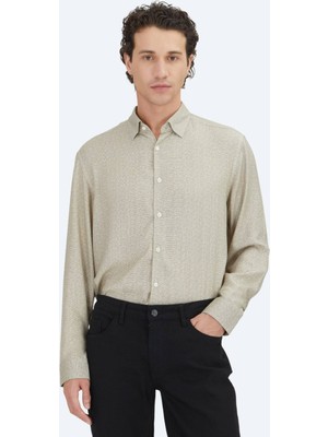Kip Bej Regular Fit Uzun Dokuma Casual %100 Pamuk Gömlek