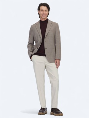Kip Açık Kahve Desenli Modern Fit Yün Karışımlı Ceket