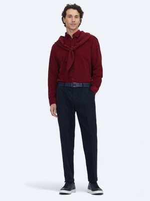 Kip Lacivert Dokuma Jogging Fit Casual Yün Karışımlı Pantolon