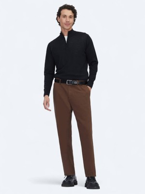 Kahverengi Dokuma Relaxed Fit Casual Pamuk Karışımlı Pantolon