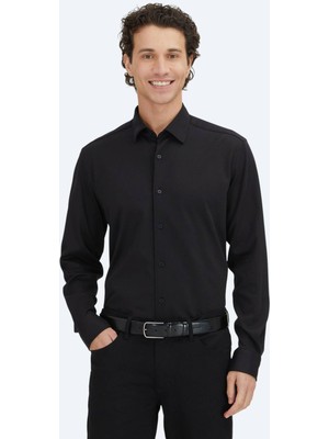Kip Siyah Düz Regular Fit Uzun Dokuma Casual %100 Pamuk Gömlek