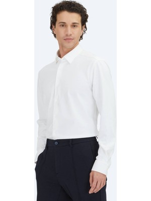 Kip Beyaz Düz Regular Fit Uzun Dokuma Casual %100 Pamuk Gömlek