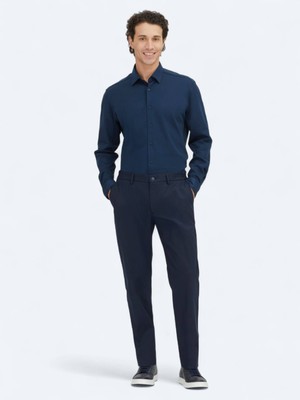 Kip Lacivert Düz Regular Fit Uzun Dokuma Casual %100 Pamuk Gömlek