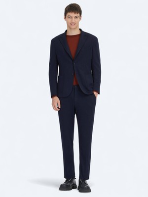 Lacivert Çizgili Modern Fit Örme Takım Elbise