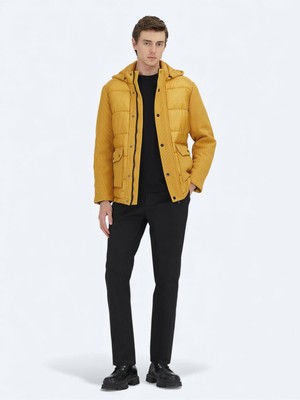 Kip Sarı Regular Fit Kapüşonlu Casual Dokuma Mont