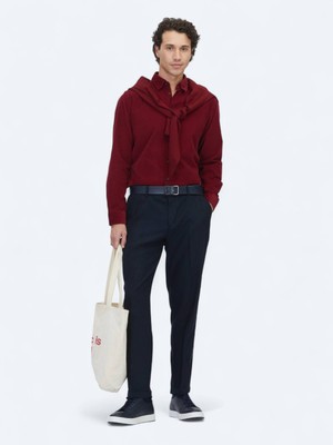 Kip Kırmızı Çizgili Regular Fit Uzun Dokuma Kadife Casual %100 Pamuk Gömlek