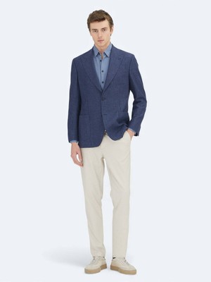 Kip Lacivert Desenli Comfort Fit Yün Karışımlı Ceket