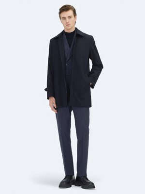 Kip Lacivert Regular Fit Bebe Yaka Casual Dokuma Pardösü