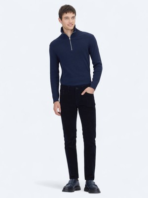 Kip Lacivert Fitilli Dokuma Slim Fit Kadife Casual Pamuk Karışımlı Pantolon