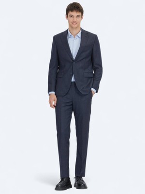 Lacivert Çizgili Modern Fit Yün Karışımlı Takım Elbise