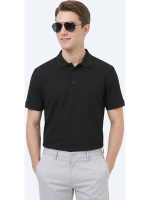Kip Siyah Düz Polo Yaka %100 Pamuk T-Shirt