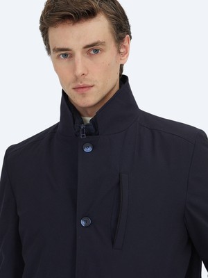 Kip Lacivert Regular Fit Kruvaze Yaka Casual Dokuma Pardösü