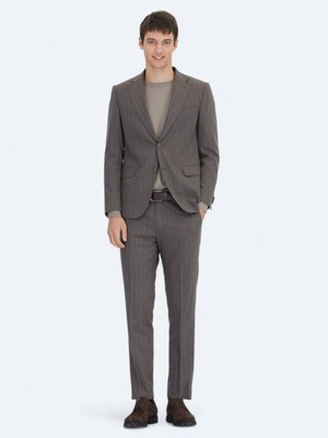Kip Kahverengi Çizgili Modern Fit Yün Karışımlı Takım Elbise