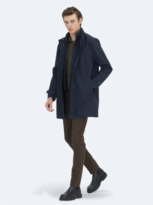 Kip Lacivert Oversize Fit Kruvaze Yaka Casual Dokuma Pardösü